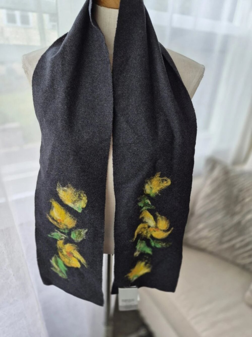 Needle felted art scarf charcoal with yellow flowers NEW artist made wool